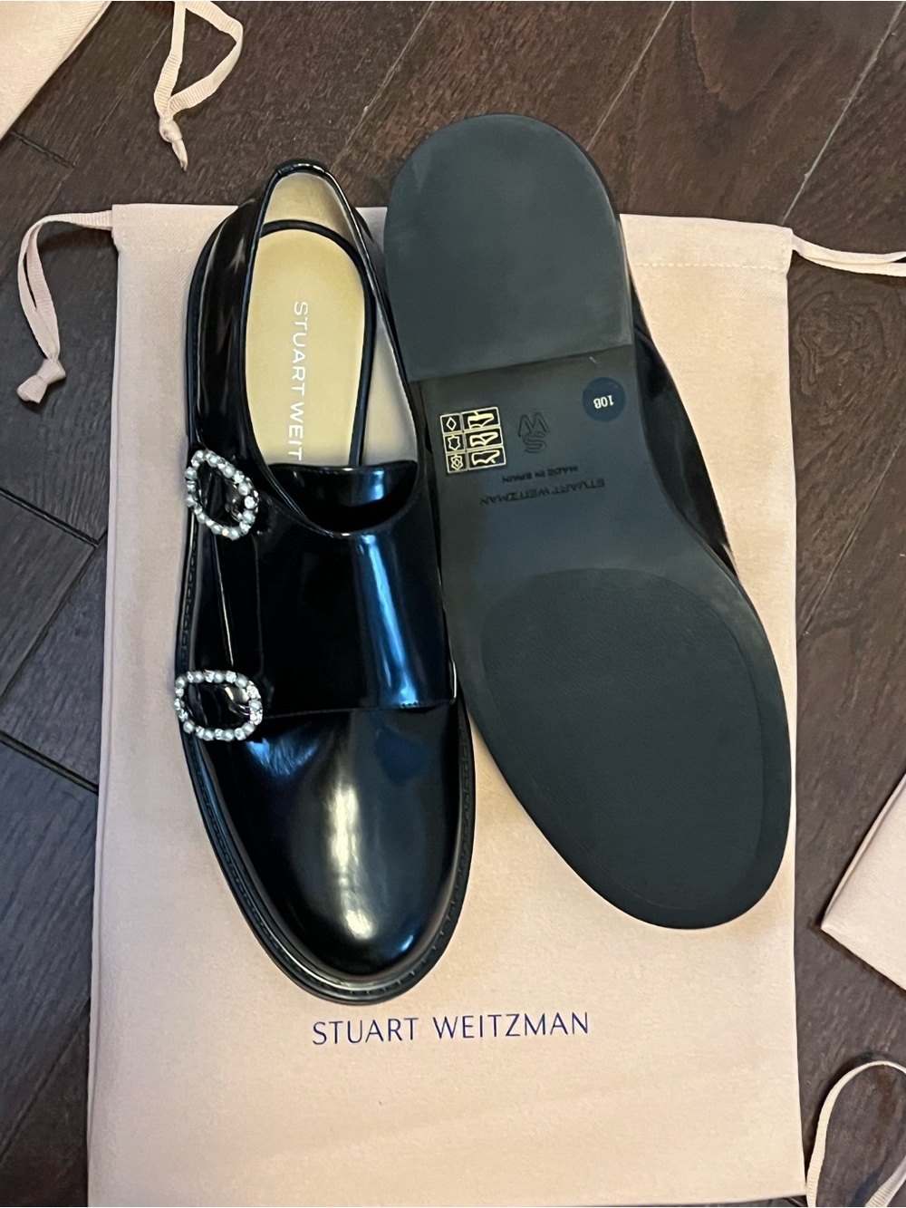 Stuart Weitzman Black Patent Leather Loafers with Rhinestone Buckles